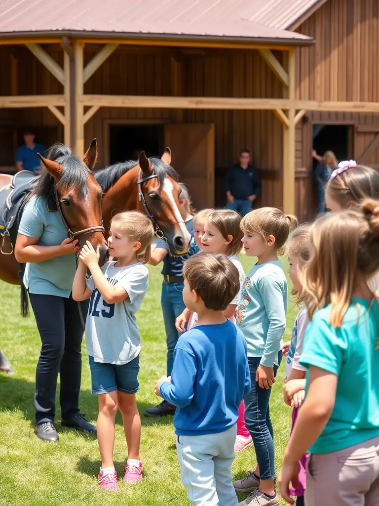 A vibrant scene of a school group visiting the equestrian center, with children petting horses and learning about equine care from experienced staff members.