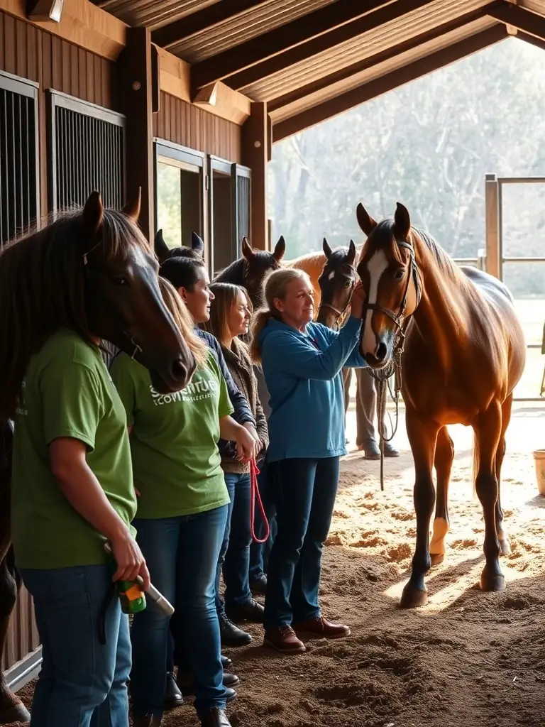 Volunteers are assisting with horse care and stable management, demonstrating the community involvement and support that sustains LES CAVALIERS DU PONTO's operations.