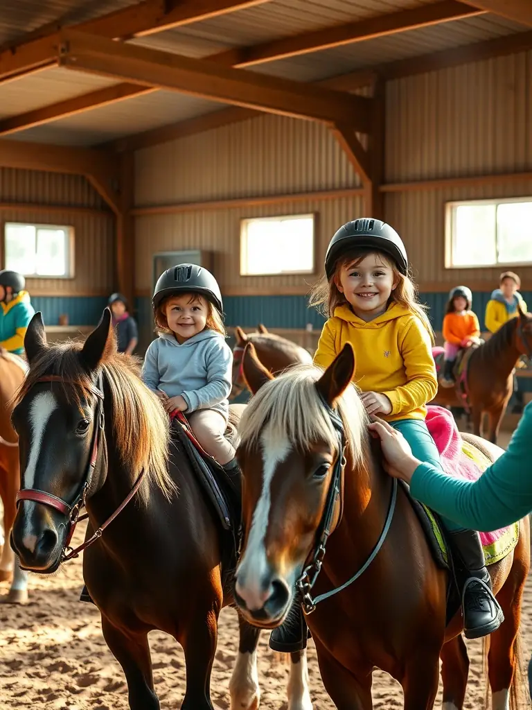 A photo of children participating in a therapeutic riding session, guided by instructors, with horses in a safe, enclosed arena. The focus is on the children's smiles and the gentle interaction with the horses.