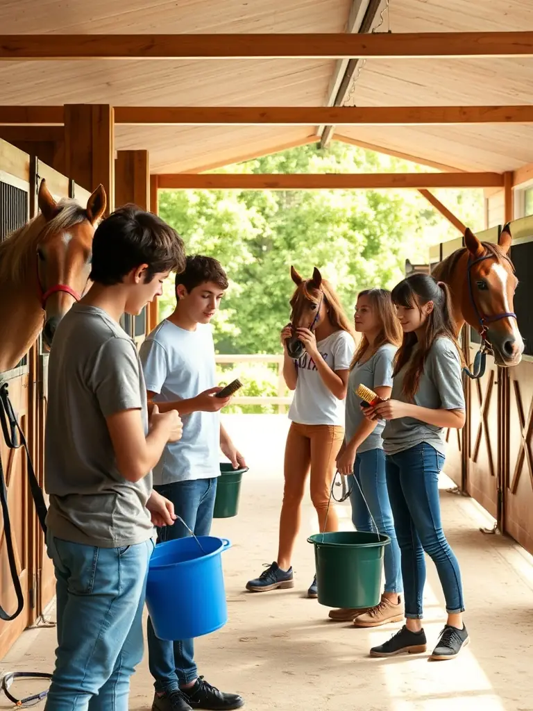 A group of teenagers participating in a horse grooming session, learning about horse care and building responsibility. The setting is a well-maintained stable with natural light.