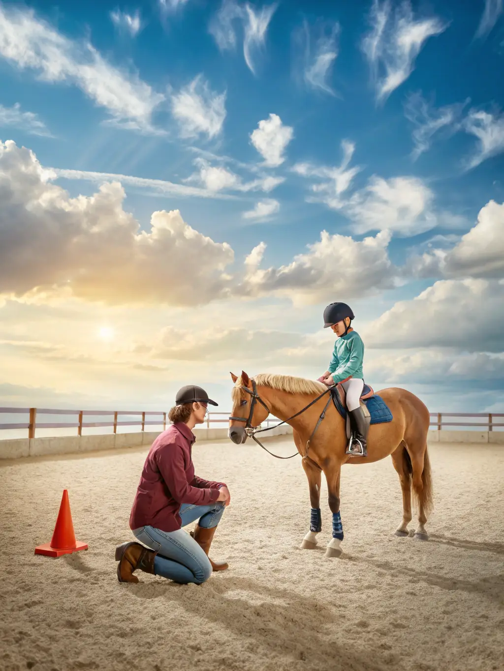 A group of adults learning basic horsemanship skills in an introductory equestrian class, with an instructor demonstrating proper techniques in a sunny outdoor setting.