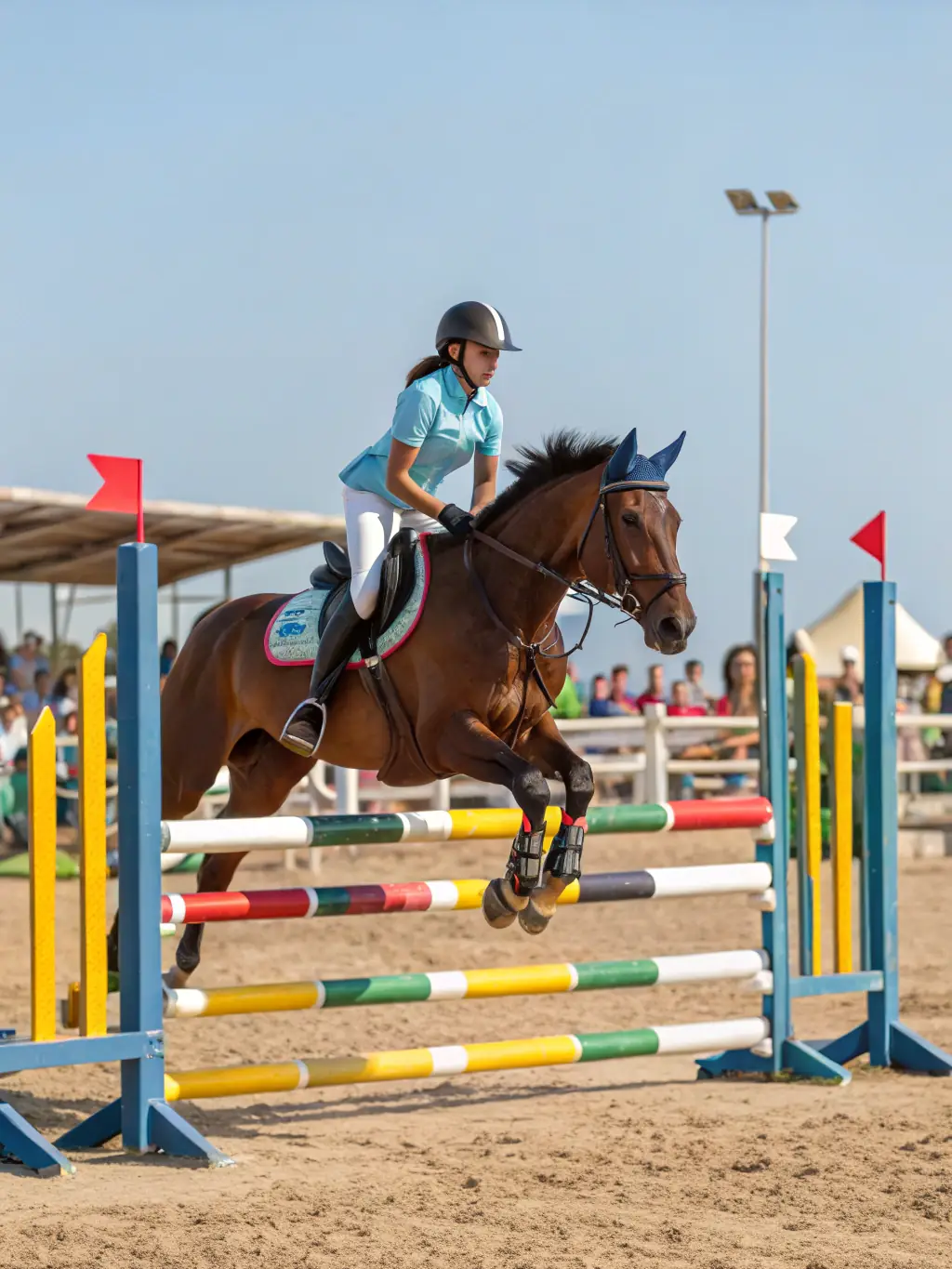 A horse show event is taking place with riders of various ages and skill levels competing, showcasing the organization's role in promoting equestrian sports and competition.