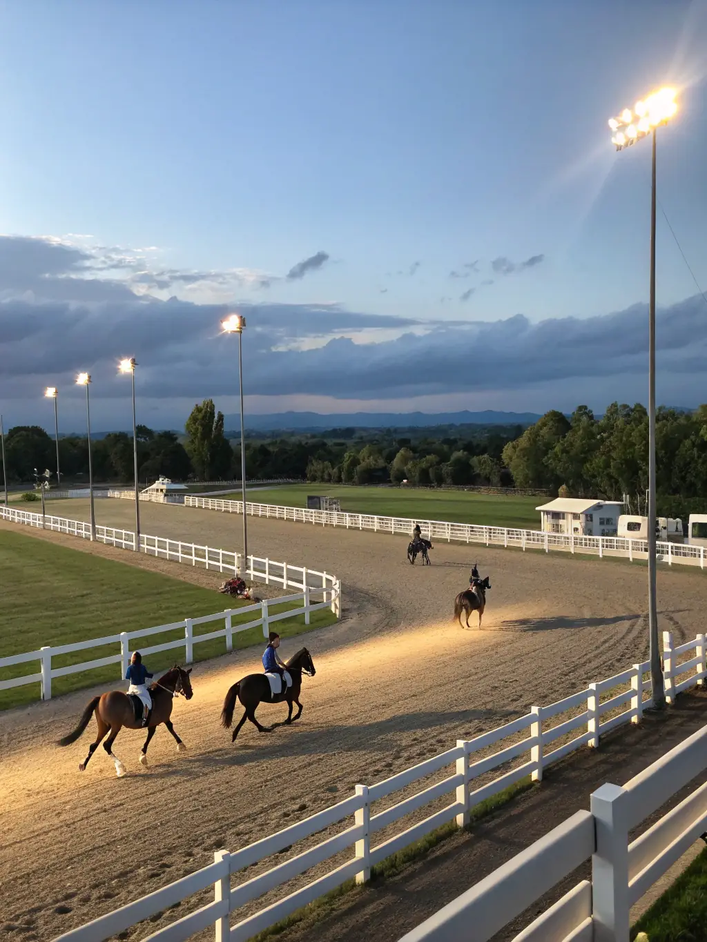 A photo of experienced riders participating in a dressage demonstration, showcasing their skill and precision. The event is well-attended, with spectators enjoying the performance.