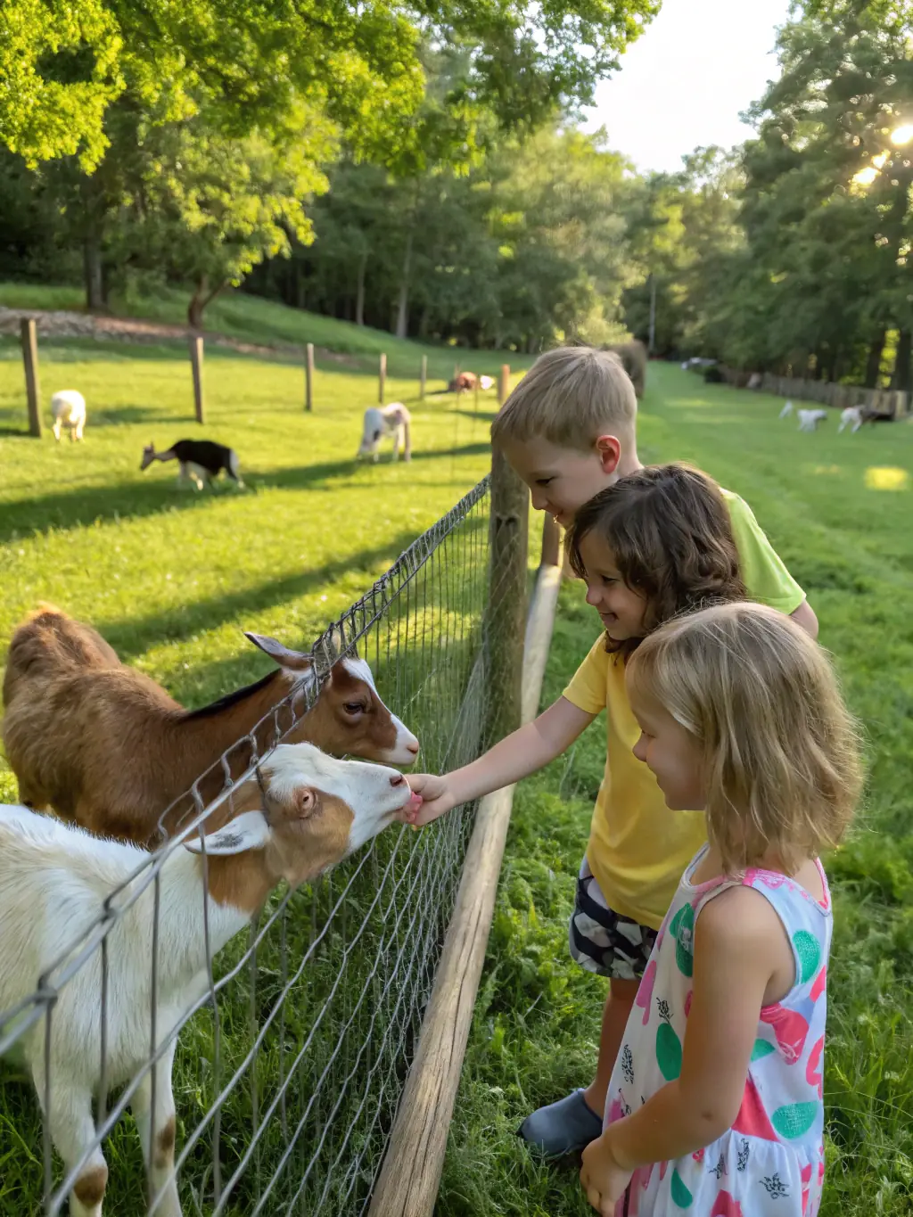 An image of a school group visiting the equestrian center, with children petting horses and learning about their behavior. The atmosphere is educational and engaging.