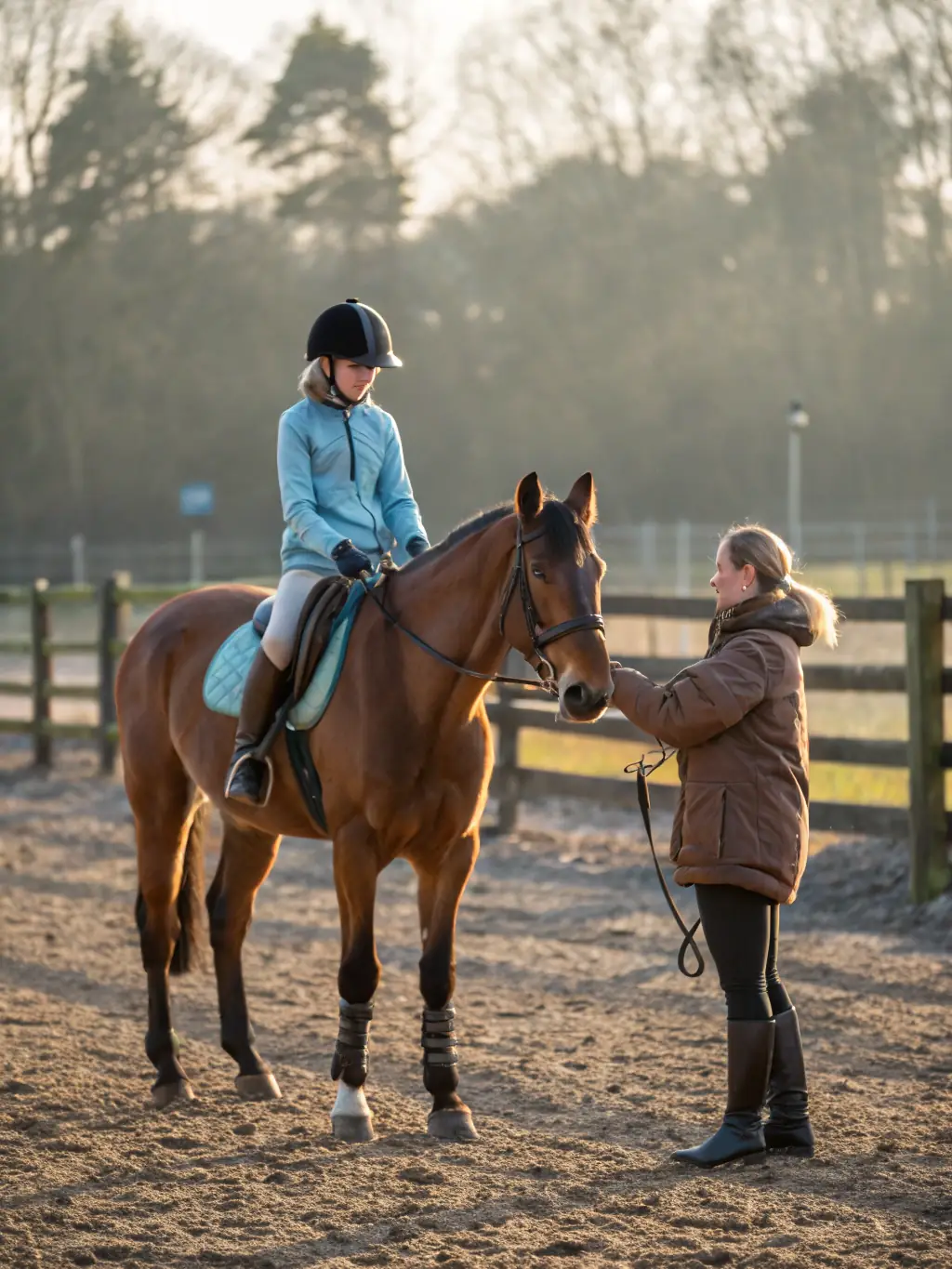 A diverse group of adults and children are participating in a horse riding lesson in an indoor arena, highlighting the organization's commitment to providing access to equestrian activities for all.