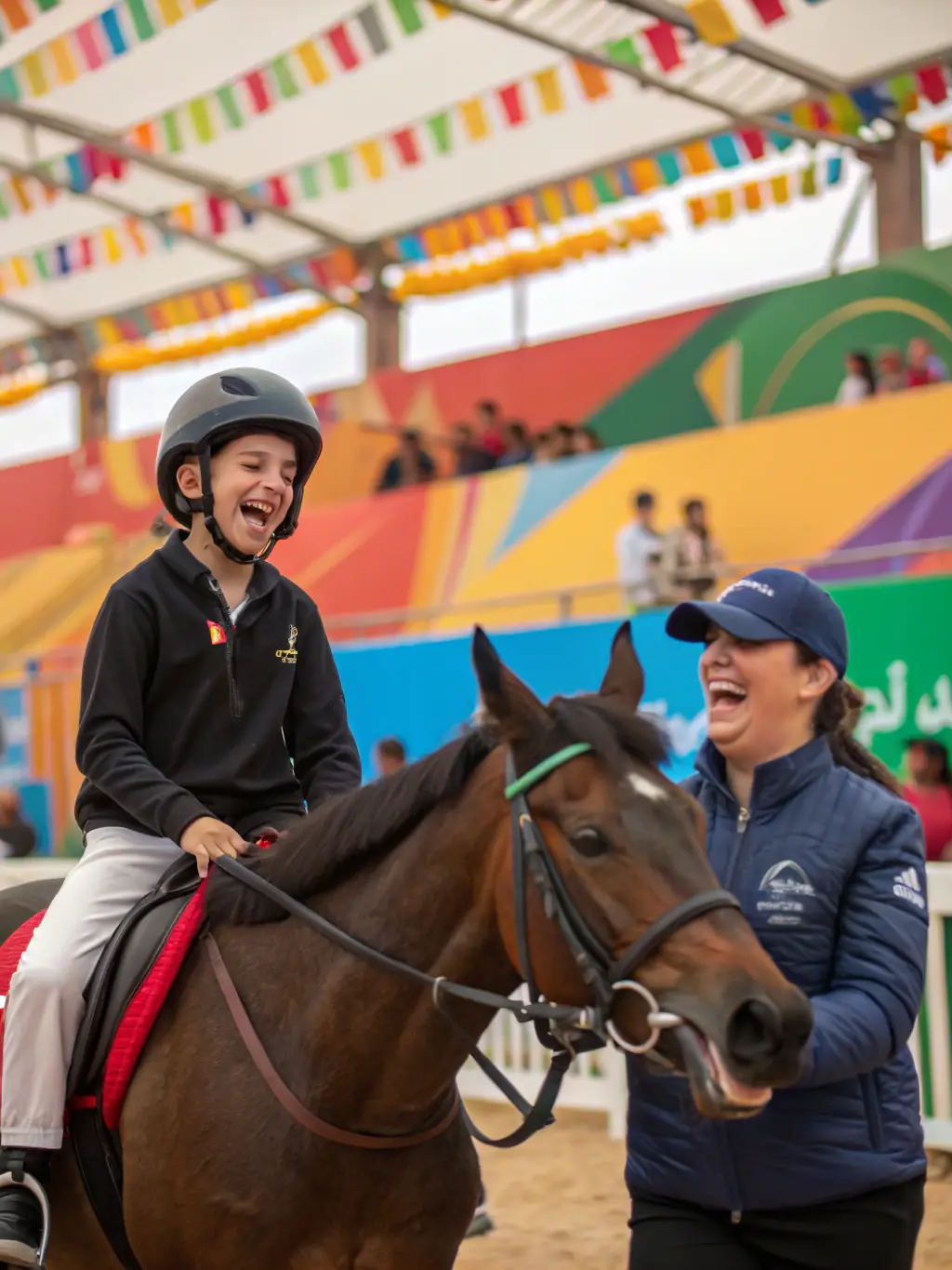 A photograph of children with disabilities happily riding horses in a safe, enclosed arena, with instructors guiding them. The scene is bright and encouraging, showcasing the therapeutic benefits of the program.