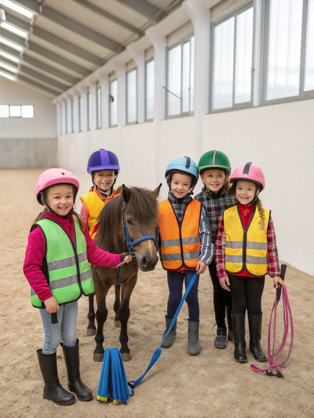 A class of schoolchildren is learning about horse care and stable management at LES CAVALIERS DU PONTO, emphasizing the educational aspect of the organization's activities.