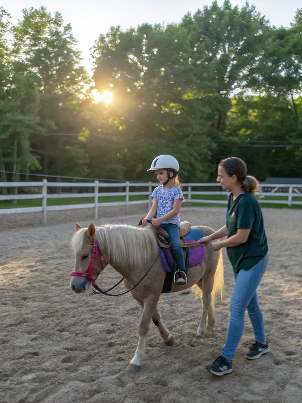 A group of children with disabilities are happily riding horses with the assistance of instructors in a sunny outdoor arena, showcasing the inclusive equestrian program of LES CAVALIERS DU PONTO.
