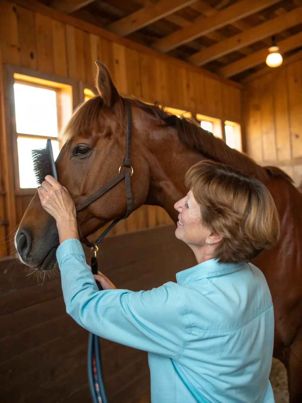 A senior citizen is gently petting a horse at LES CAVALIERS DU PONTO, demonstrating the intergenerational connection fostered by the organization's programs.