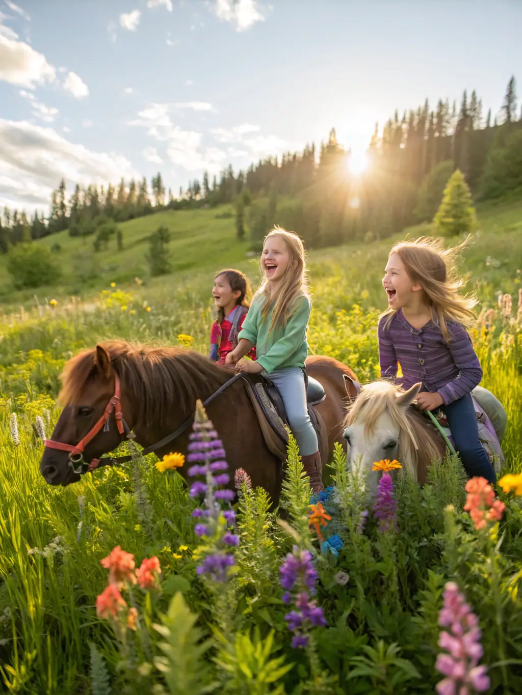 A group of children with disabilities are laughing and smiling while riding horses with the assistance of instructors at LES CAVALIERS DU PONTO, showcasing the inclusive nature of the program.